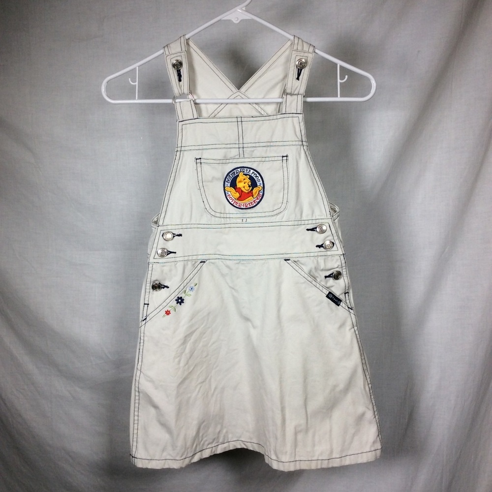 Pooh 100 Acre Collection Vintage Y2K Girls Cream Pooh Patch Overall Dress S 7/8